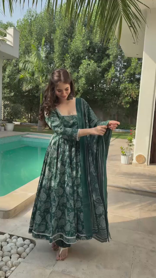Adorable Green Color Digital Print Gown With Dupatta TD-6043