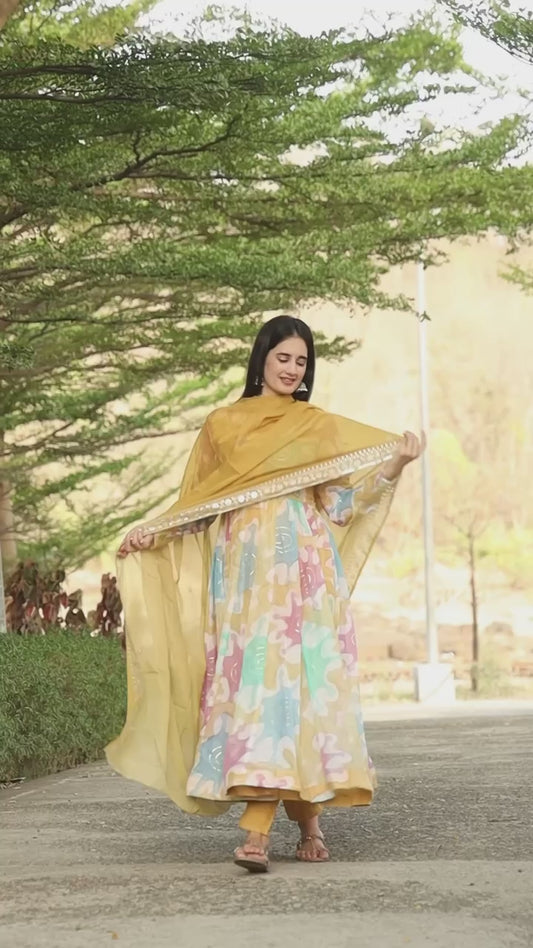 Gorgeous Organza Yellow Multi Color Print Anarkali Suit Set TD-6024