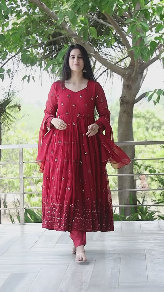 Adorable Maroon Color Embroidery Work Anarkali Suit Set TD-6031