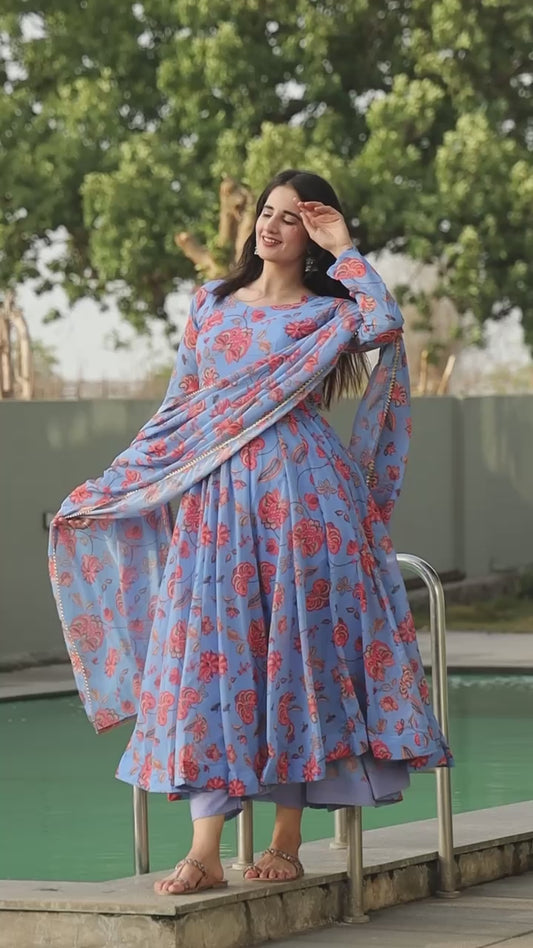 Luxuriant Light Blue Color Georgette Anarkali Suit Set TD-6020
