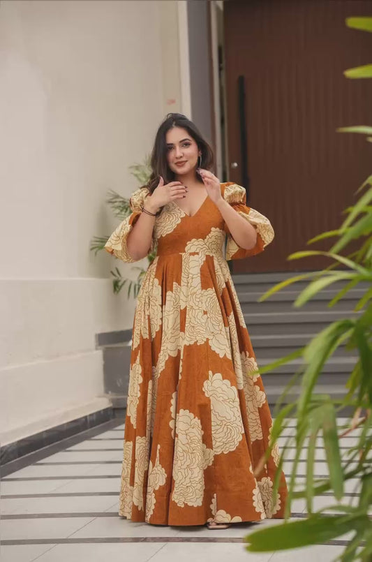 Stylish Digital Print Orange Color Gown TD-6045